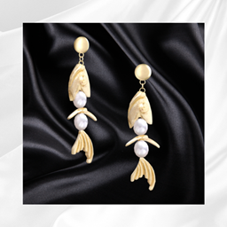 Gold Pearl Fish Dangle short Earrings logo