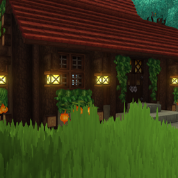 a wooden house with lanterns logo