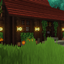 a wooden house with lanterns logo