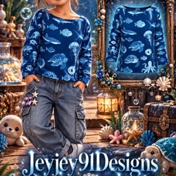 A cozy long-sleeve sweater for boys featuring a detailed all-over ocean life and sea creature pattern. logo