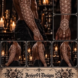 A white ink full-arm sleeve tattoo with sacred geometry and mandala patterns, made for dark skin tones. logo