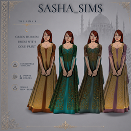 Medieval CC GREEN HURREM DRESS WITH GOLD PRINT - The Sims 4 Create a ...