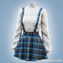 Cozy knit sweater with plaid suspender skirt logo