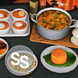Jollof Rice, Egusi soup with fufu and Moi Moi. "Cuisine of Africa - Nigeria"