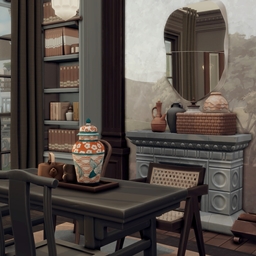 Elegant blue and brown dining and kitchen