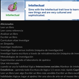 Intellectual trait by kiarasims4mods Spanish translation