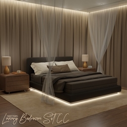 Luxury Bedroom Set CC by SNOOTYSIMS [Bed, Curtains, Lighting, Side Tables, Carpet] logo